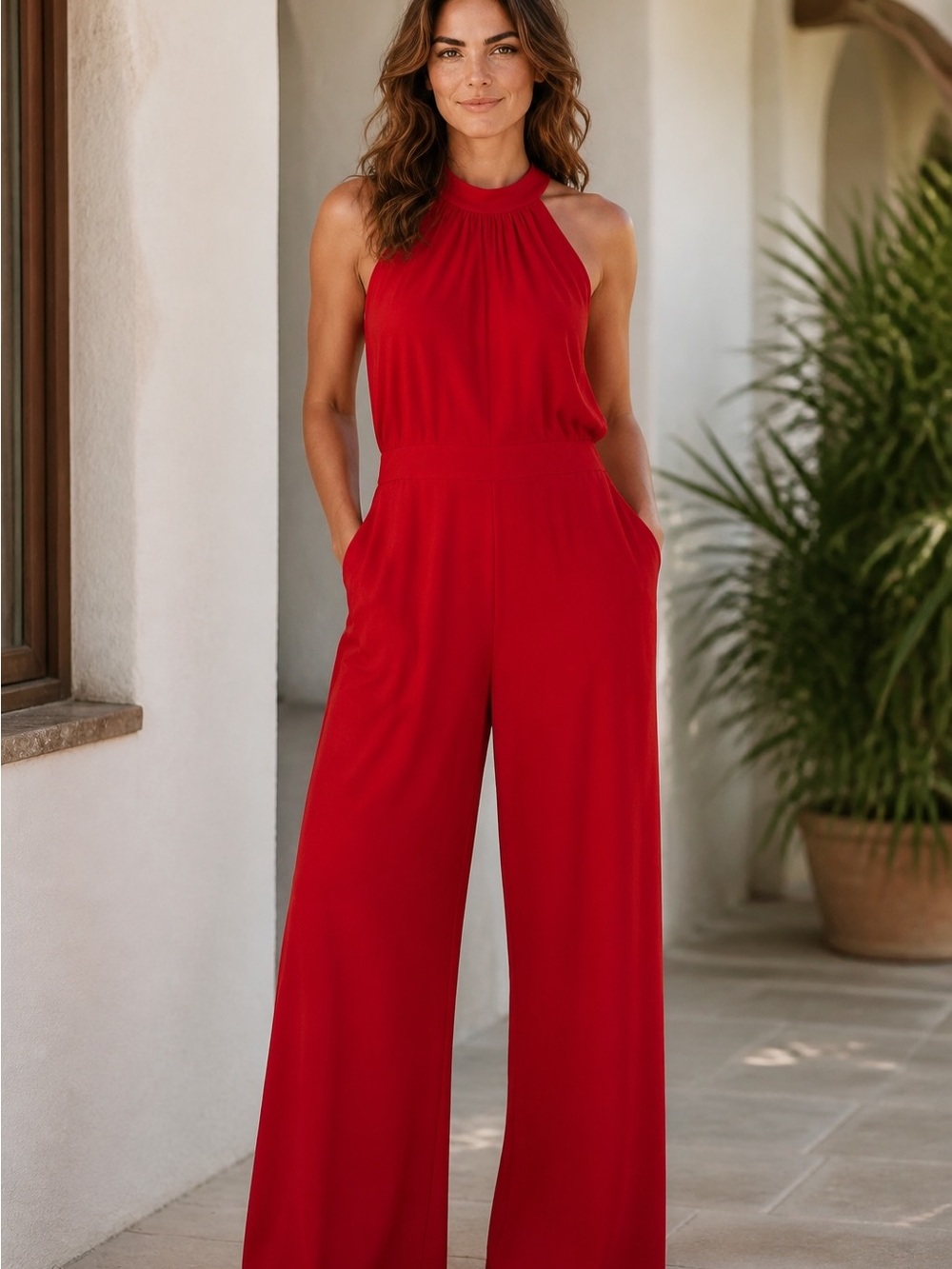 Jason Wu Crimson Halter Wide-Leg Jumpsuit